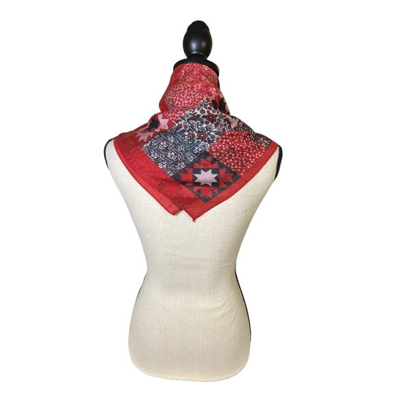 Womens Square Patchwork Scarf Red Floral Geometric Quilted Print Country Western - Picture 2 of 6